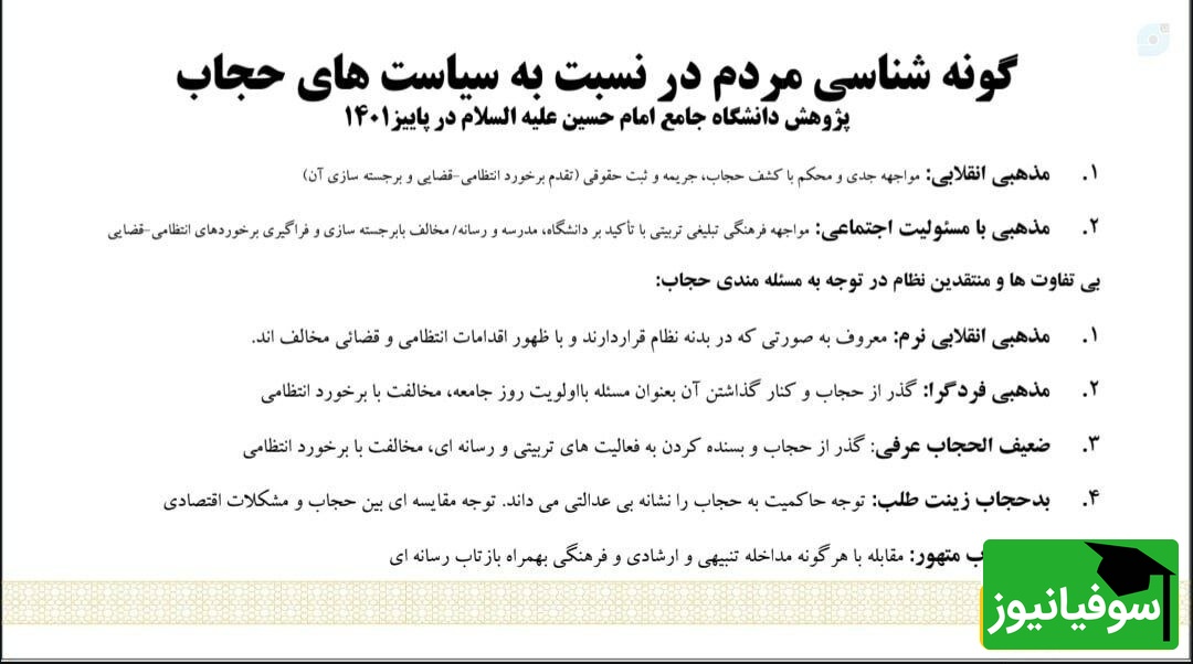 دسته‌بندی عجیب بدحجاب‌ها در یک پژوهش دانشگاهی؛ از «بدحجاب زینت‌طلب» تا « بی‌حجاب معاند» + تصویر
