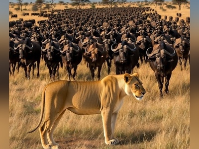 2000 بوفالو حمله کردن... اما این شیر ماده عقب نکشید! (ویدئو)