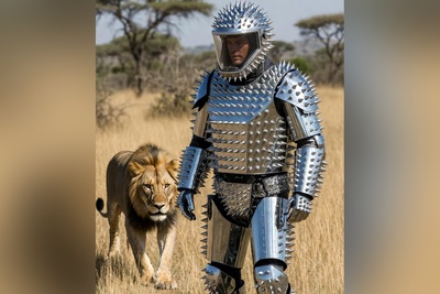 (ویدئو) غذا دادن به پادشاه جنگل بدون خطر: با این زره تیغ‌دار ساخته هوش مصنوعی وارد قفس شیر شوید!