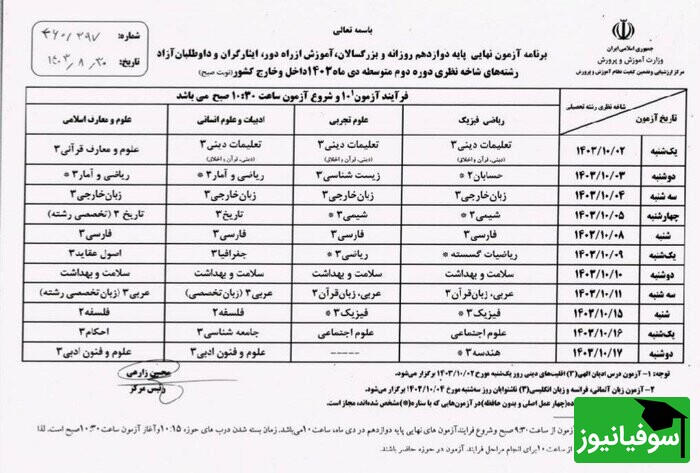 برنامه امتحانی دی ماه 