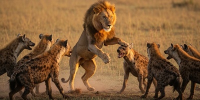 ویدئو| مستند حیات وحش؛ لحظه نفس‌گیر نجات شیر، سلطان جنگل از محاصره ده‌ها کفتار گرسنه!