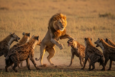 ویدئو| مستند حیات وحش؛ لحظه نفسگیر نجات شیر، سلطان جنگل از محاصره دهها کفتار گرسنه!