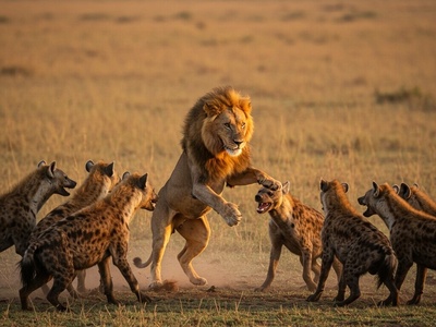 ویدئو| مستند حیات وحش؛ لحظه نفس‌گیر نجات شیر، سلطان جنگل از محاصره ده‌ها کفتار گرسنه!