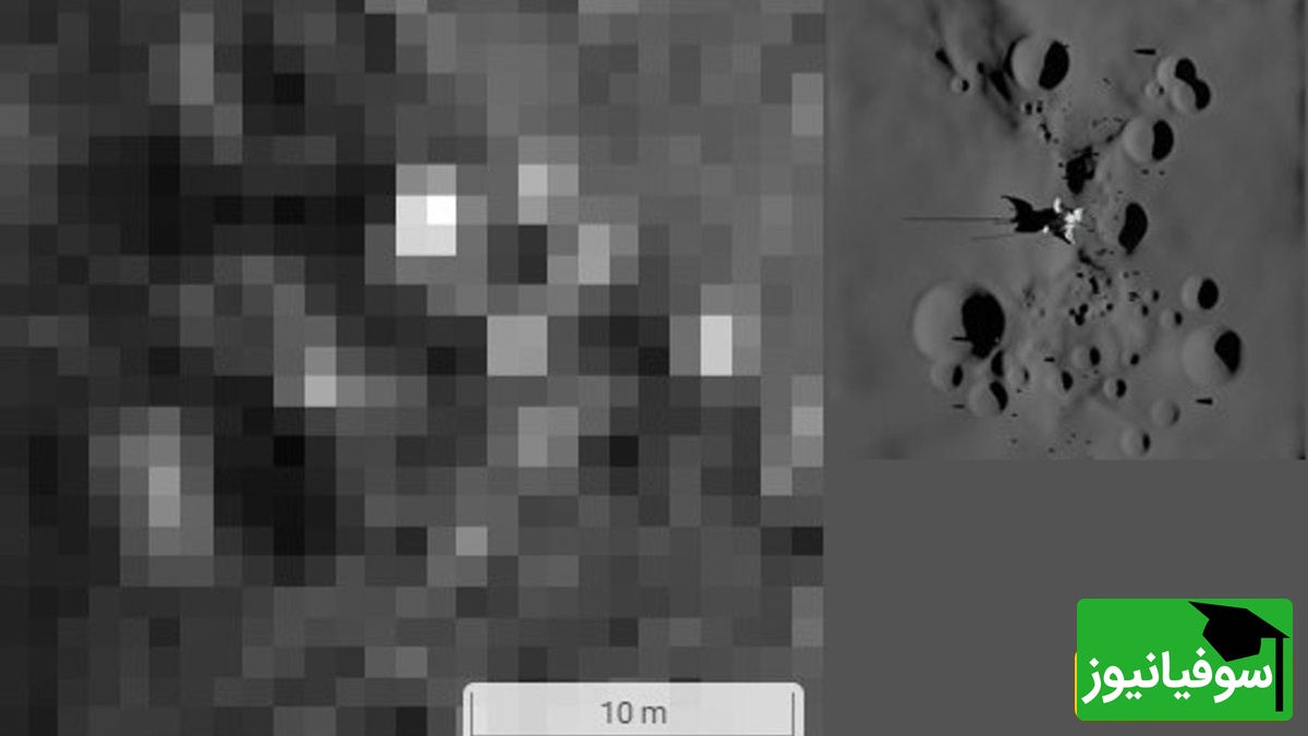 داده‌های مدارگرد شناسایی ماه (چپ) و بازسازی سه‌بعدی از محل فرود لونا 9 (راست).عکاس: Andrey Larin/Vitaly Egorov / NASA/GSFC/Arizona State University/АН СССР