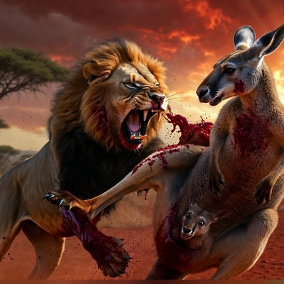 کانگورو در مقابل شیر گرسنه؛ ویدئویی از یک رویارویی نفس‌گیر و باورنکردنی!