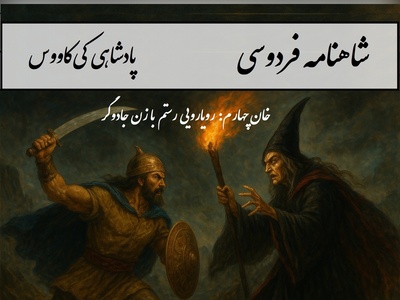 شاهنامه خوانی، خان چهارم رستم: رویارویی رستم با زن جادوگر / پادشاهی کی‌کاووس- بخش 8؛  چو از آفرین گشت پرداخته + متن صوتی و معنی اشعار