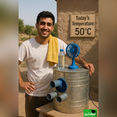 زنگ خلاقیت:ابتکار تحسین برانگیز جوان ایرانی در ساخت کولر با قوطی حلبی برای فرار از گرمای 50 درجه ثابت کرد که هنر نزد ایرانیان است و بس