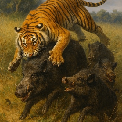 مستند حیات‌وحش؛ ویدئو نفس‌گیر از لحظه‌ای که ببر وحشی با یک جهش مرگبار گله گرازها را به خاک و خون کشید!