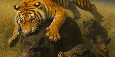 مستند حیات‌وحش؛ ویدئو نفس‌گیر از لحظه‌ای که ببر وحشی با یک جهش مرگبار گله گرازها را به خاک و خون کشید!