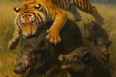 مستند حیات‌وحش؛ ویدئو نفس‌گیر از لحظه‌ای که ببر وحشی با یک جهش مرگبار گله گرازها را به خاک و خون کشید!