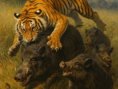 مستند حیات‌وحش؛ ویدئو نفس‌گیر از لحظه‌ای که ببر وحشی با یک جهش مرگبار گله گرازها را به خاک و خون کشید!