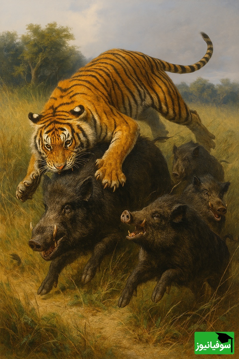 مستند حیات‌وحش؛ ویدئو نفس‌گیر از لحظه‌ای که ببر وحشی با یک جهش مرگبار گله گرازها را به خاک و خون کشید!