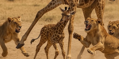 ویدئوی حیات وحش روز؛ حماسه‌ی مادرانه در دل دشت آفریقا؛ زرافه در برابر شیرها