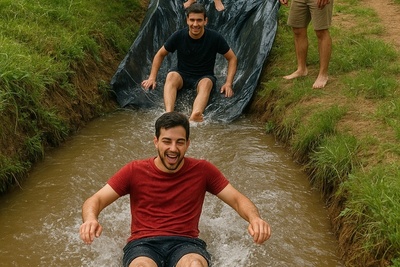 خلاقیت در سرگرمی؛ ابتکار چند جوان باهوش در استفاده از جوی آب به عنوان سرسره آبی+ویدیو/ سُرسُره آبی مناطق محروم همینه و بس😂