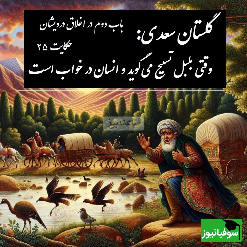 حکایت گلستان سعدی: وقتی بلبل تسبیح میگوید و انسان در خواب است / باب دوم در اخلاق درویشان حکایت شماره 26 + فایل صوتی و نسخههای قدیمی