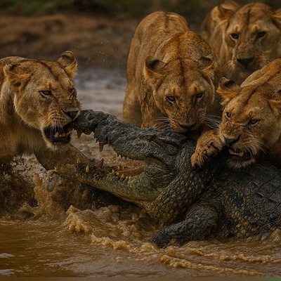 ویدئو | لحظه هولناک حمله 4 شیر گرسنه به کروکودیل غول‌پیکر در جنگی بی‌رحمانه در حیات وحش!