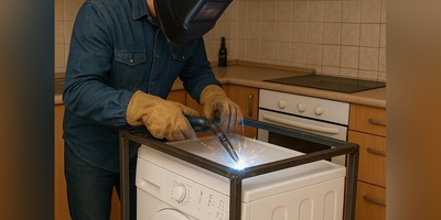 خلاقیت خنده‌دار اوستا جوشکار برای حل مشکل حرکت لباسشویی در کف آشپزخانه مرزهای باهوشی رو جابجا کرد/ اینو باید هینجوری مهار کرد وگرنه فردا تو کوچه مردمو دنبال میکنه😂