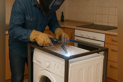 خلاقیت خنده‌دار اوستا جوشکار برای حل مشکل حرکت لباسشویی در کف آشپزخانه مرزهای باهوشی رو جابجا کرد/ اینو باید هینجوری مهار کرد وگرنه فردا تو کوچه مردمو دنبال میکنه😂