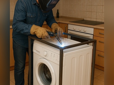 خلاقیت خنده‌دار اوستا جوشکار برای حل مشکل حرکت لباسشویی در کف آشپزخانه مرزهای باهوشی رو جابجا کرد/ اینو باید هینجوری مهار کرد وگرنه فردا تو کوچه مردمو دنبال میکنه😂