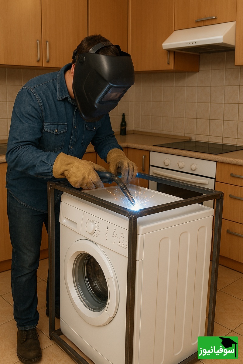 خلاقیت خنده‌دار اوستا جوشکار برای حل مشکل حرکت لباسشویی در کف آشپزخانه مرزهای باهوشی رو جابجا کرد/ اینو باید هینجوری مهار کرد وگرنه فردا تو کوچه مردمو دنبال میکنه😂