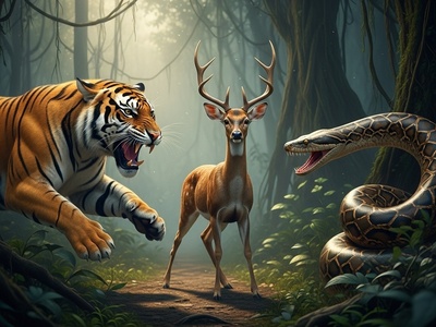 (ویدئو) مستند حیات وحش حیوانات/ آهویی که از چنگال ببر به آغوش مار پناه برد...