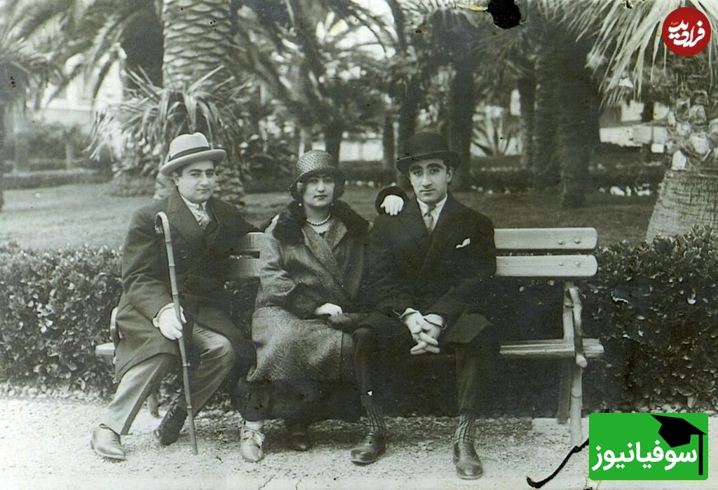 خدیجه خانم حضرت قدسیه (خواهر احمدشاه قاجار) در کنار برادرش سلطان مجید میرزا و همسرش فتح الله میرزا ملک منصور در اروپا.