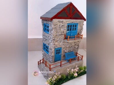 ویدیو/ نمایش هنر به سبک مهندسی با ساخت کلبۀ سنگی کوچکِ دو طبقۀ ویلایی دوبلکس با سقف چوبی شیروانی‌دار/ محشر شده فقط ویوی ابدی رو کم داشت