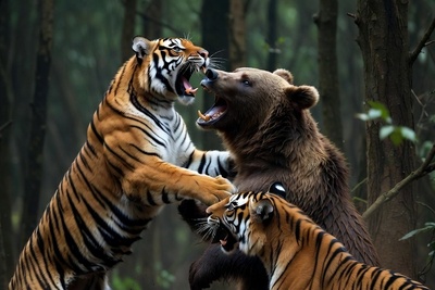 ورق هایی از کتاب جنگل؛ مستند حیات وحش/ حمله دو ببر تیزپا به خرس قهوه ای در وسط جنگل+فیلم