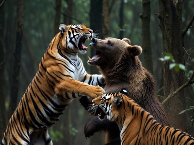 ورق هایی از کتاب جنگل؛ مستند حیات وحش/ حمله دو ببر تیزپا به خرس قهوه ای در وسط جنگل+فیلم