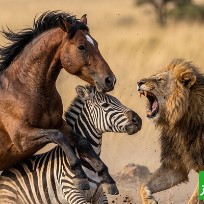 قانون جنگل؛ مستند حیات وحش؛ نبرد اسب عصبانی و گورخر با شیر/ تقابل "قدرت شکار" در برابر "اراده بقا"+فیلم